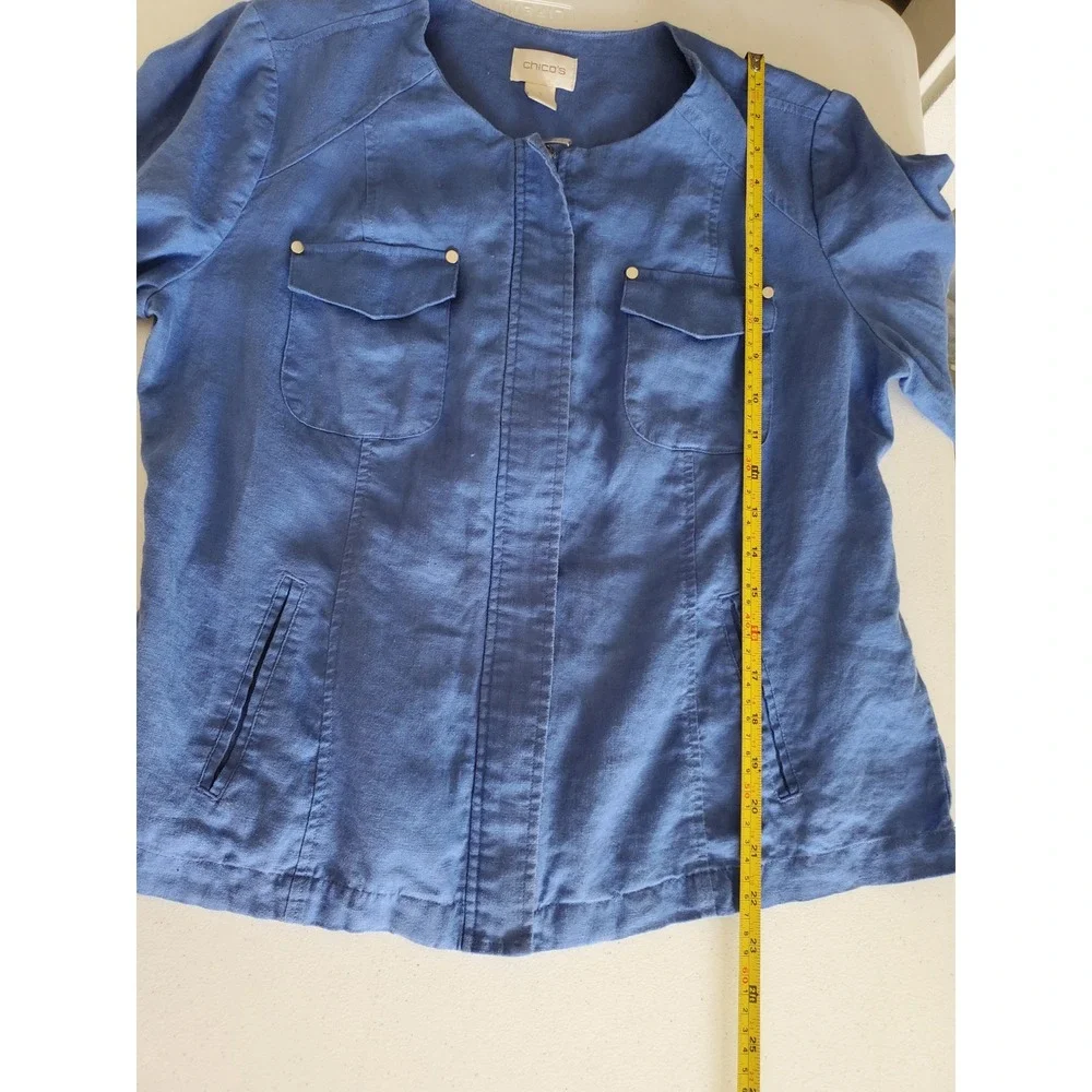Chico's 1 Blue 100% Linen Jacket Collarless Zip Front‎ 3/4 Sleeve Medium